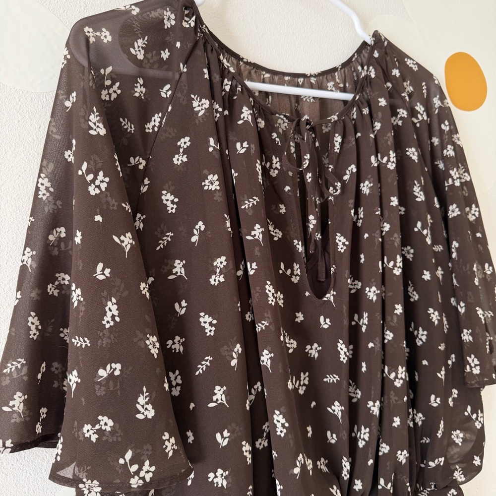 EUC Abercrombie Angel Sleeve Sheer Mini  Dress Brown Floral Cottagecore TALL - Picture 7 of 15